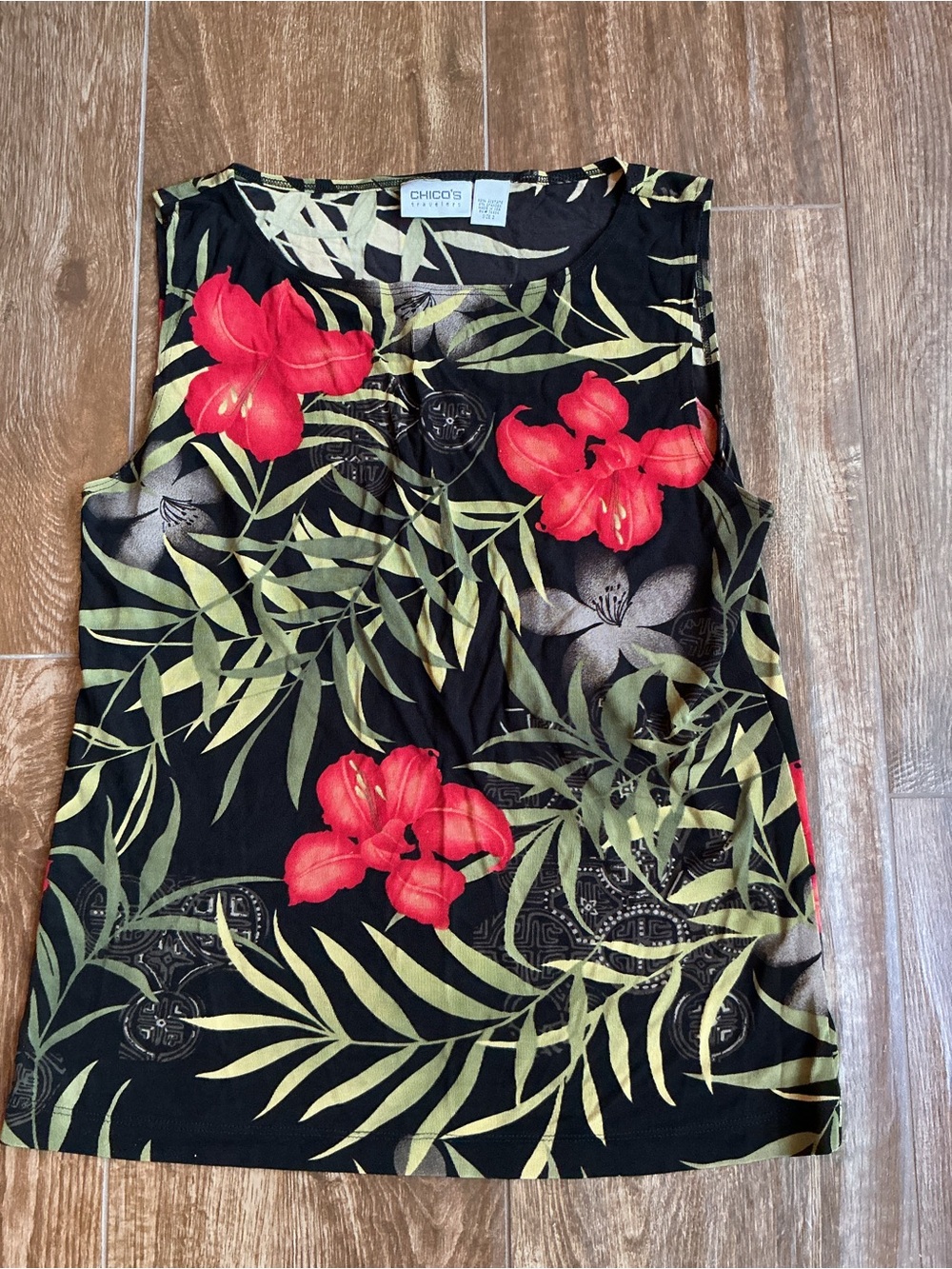 Chico's Travelers Black Sleeveless Floral Top with Red & Green Print